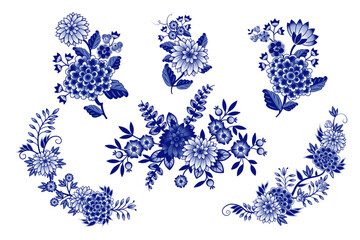 .Set of isolated blue and  white Chinese style bouquets(various flowers, leaves, twigs, curls, berries). Vector clipart. Isolated design objects.