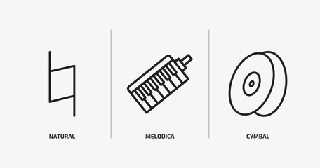 music and media outline icons set. music and media icons such as natural, melodica, cymbal vector. can be used web and mobile.