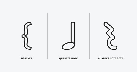 music and media outline icons set. music and media icons such as bracket, quarter note, quarter note rest vector. can be used web and mobile.