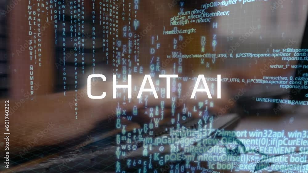 Poster animation of artificial intelligence text and data processing over caucasian woman using computer