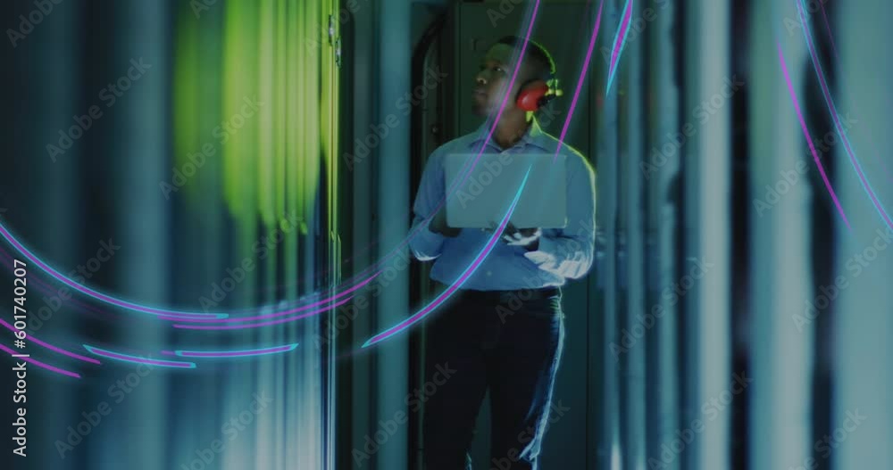 Aufkleber animation of data processing over african american it technician by computer servers