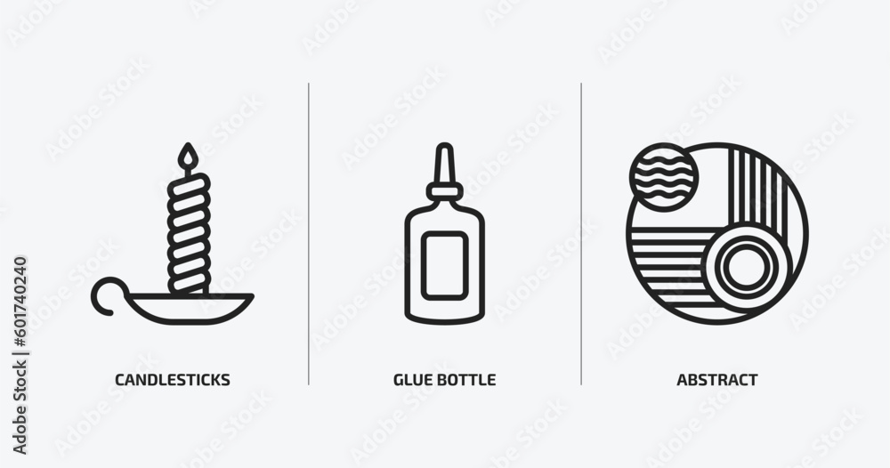 Poster miscellaneous outline icons set. miscellaneous icons such as candlesticks, glue bottle, abstract vec
