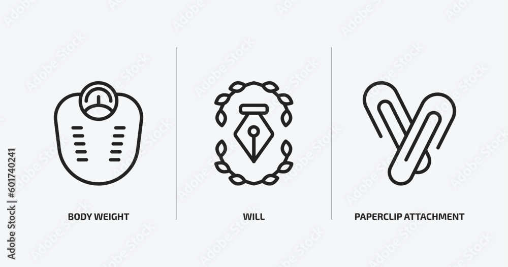 Poster miscellaneous outline icons set. miscellaneous icons such as body weight, will, paperclip attachment