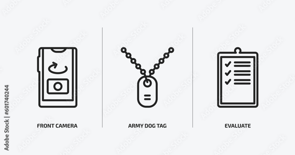 Poster miscellaneous outline icons set. miscellaneous icons such as front camera, army dog tag, evaluate ve