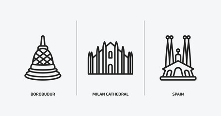 monuments outline icons set. monuments icons such as borobudur, milan cathedral, spain vector. can be used web and mobile.