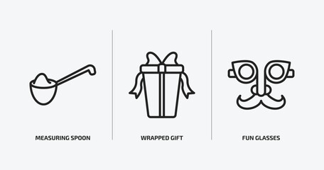 miscellaneous outline icons set. miscellaneous icons such as measuring spoon, wrapped gift, fun glasses vector. can be used web and mobile.
