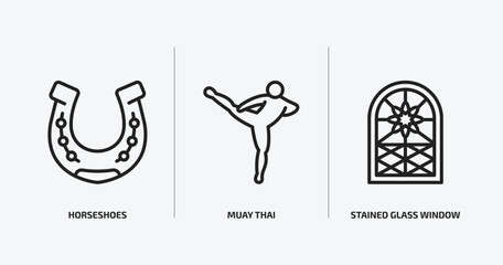 miscellaneous outline icons set. miscellaneous icons such as horseshoes, muay thai, stained glass window vector. can be used web and mobile.