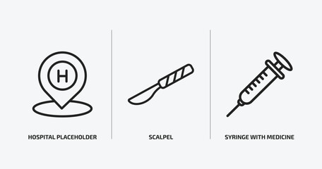 medical outline icons set. medical icons such as hospital placeholder, scalpel, syringe with medicine vector. can be used web and mobile.