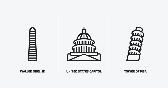 monuments outline icons set. monuments icons such as walled obelisk, united states capitol, tower of pisa vector. can be used web and mobile.
