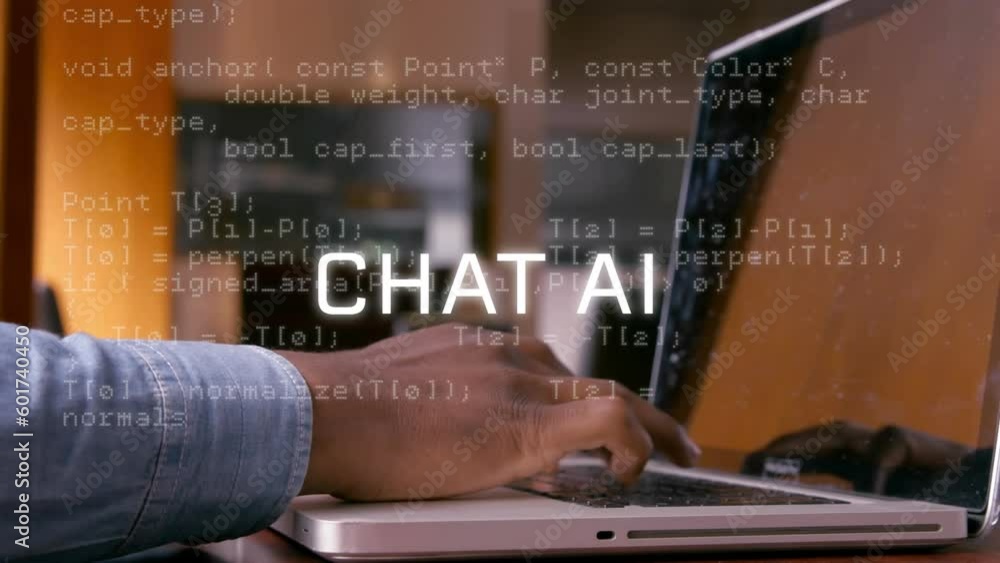 Poster animation of artificial intelligence text and data over african american man using computer