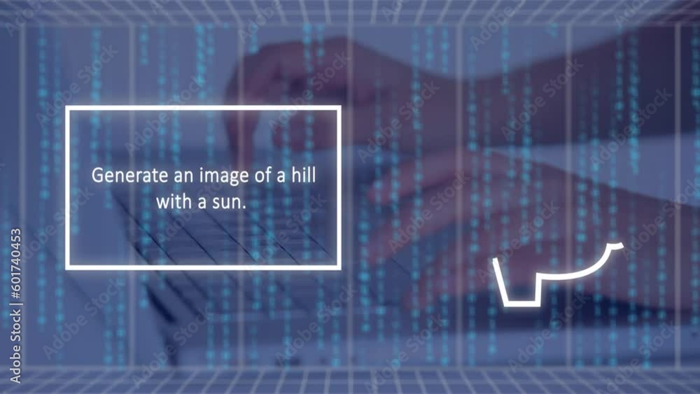 Poster animation of artificial intelligence text and data processing over caucasian man using computer