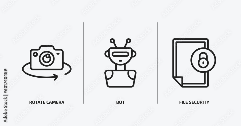 Poster internet security outline icons set. internet security icons such as rotate camera, bot, file securi