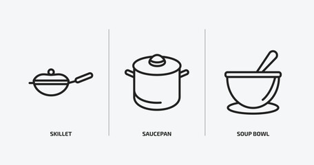 kitchen outline icons set. kitchen icons such as skillet, saucepan, soup bowl vector. can be used web and mobile.