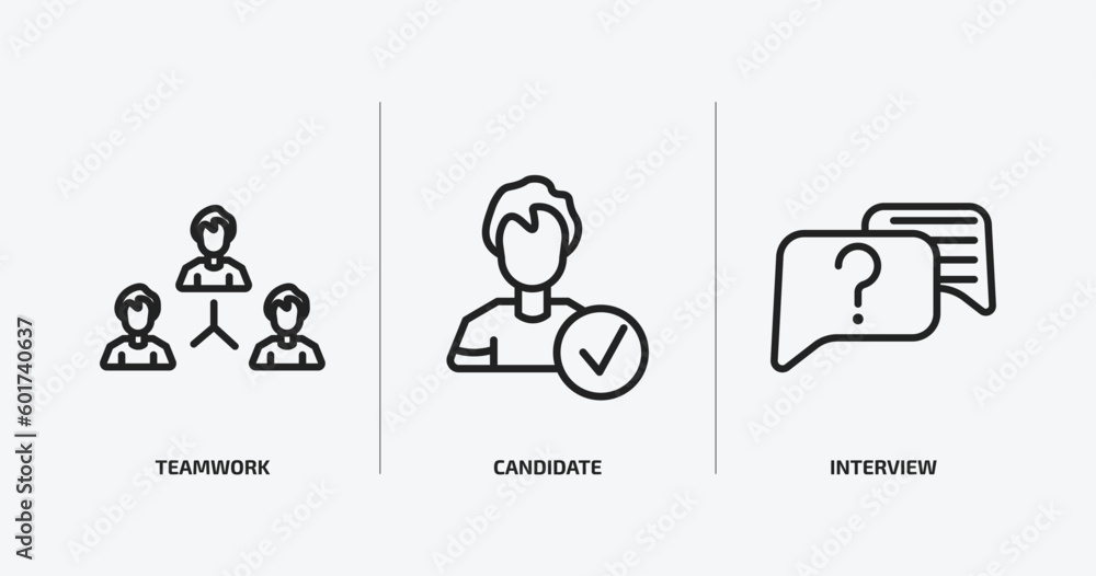 Poster human resources outline icons set. human resources icons such as teamwork, candidate, interview vect