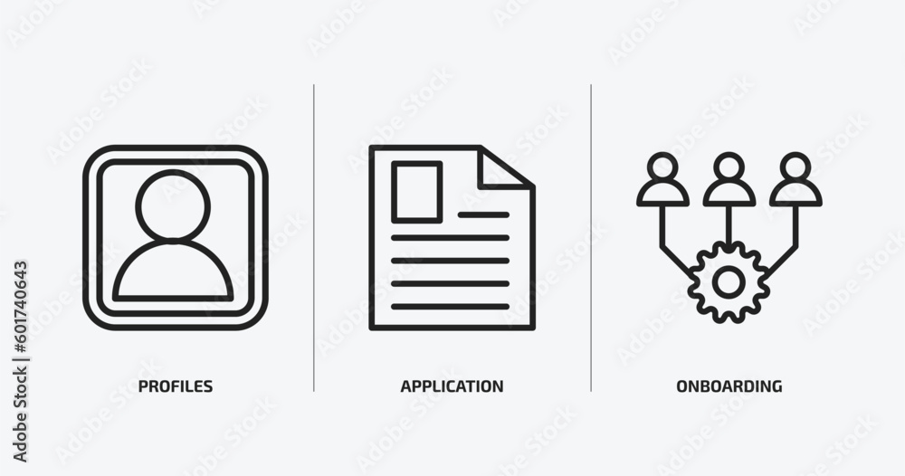Poster human resources outline icons set. human resources icons such as profiles, application, onboarding v
