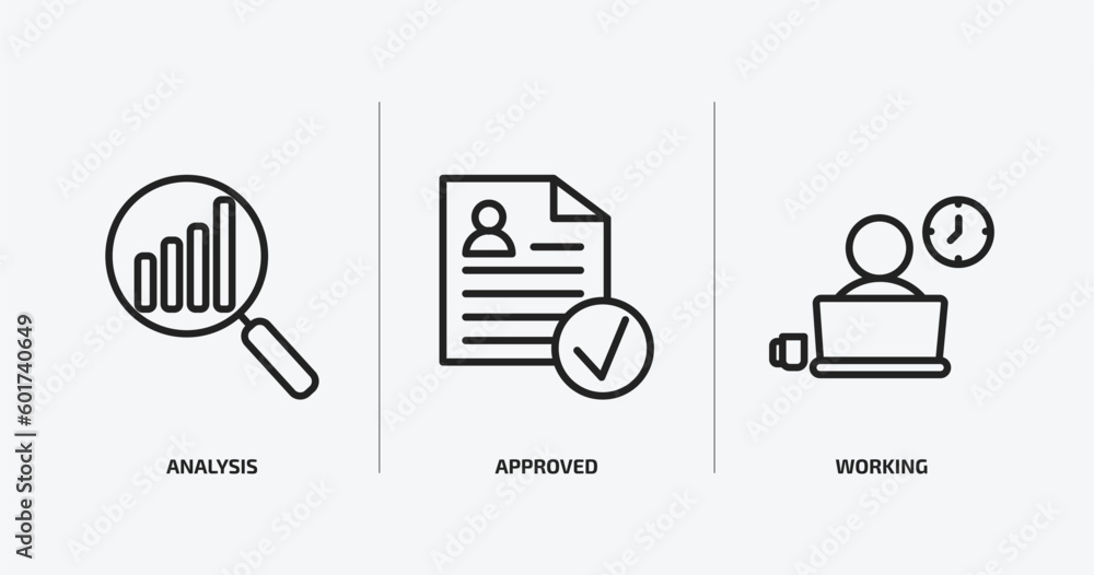 Poster human resources outline icons set. human resources icons such as analysis, approved, working vector.