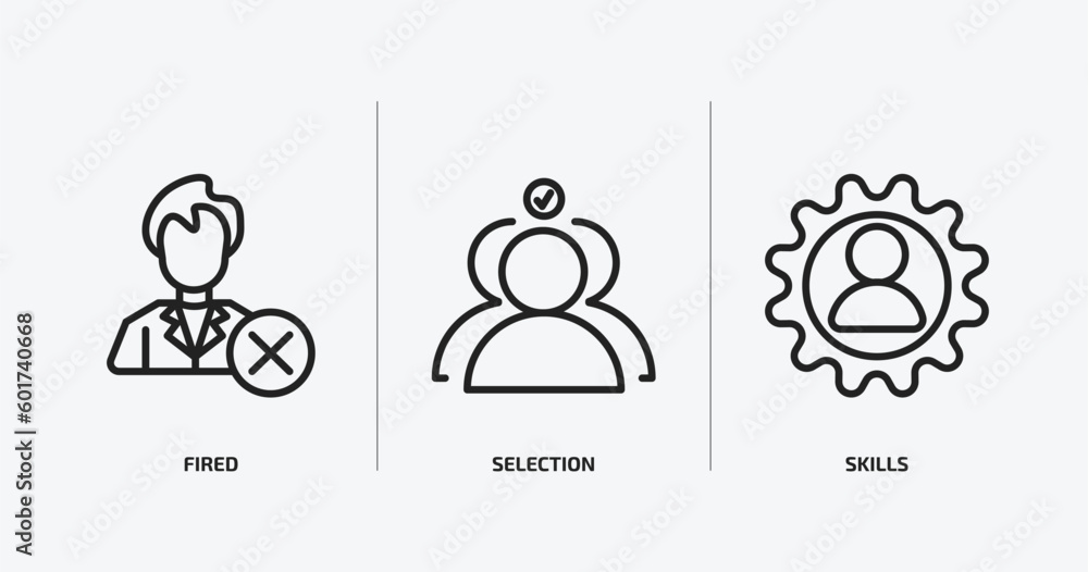Aufkleber human resources outline icons set. human resources icons such as fired, selection, skills vector. ca