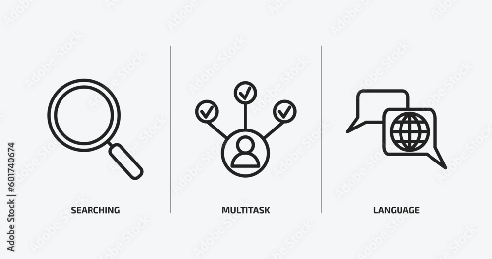 Poster human resources outline icons set. human resources icons such as searching, multitask, language vect
