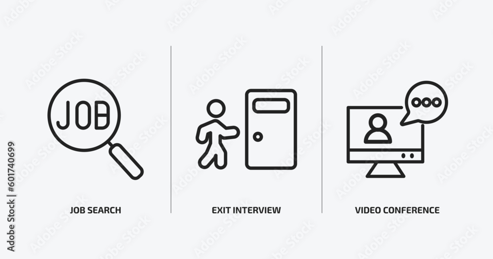 Aufkleber human resources outline icons set. human resources icons such as job search, exit interview, video c