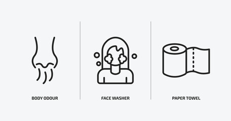 hygiene outline icons set. hygiene icons such as body odour, face washer, paper towel vector. can be used web and mobile.