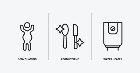 hygiene outline icons set. hygiene icons such as body shaming, food hygiene, water heater vector. can be used web and mobile.