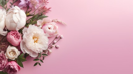 Fototapeta na wymiar Peonies, roses on pink background including copy space