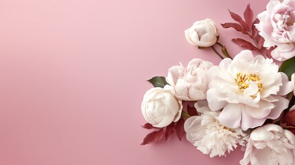 Peonies, roses on pink background including copy space