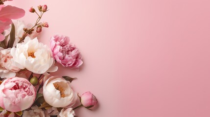 Obraz na płótnie Canvas Peonies, roses on pink background including copy space