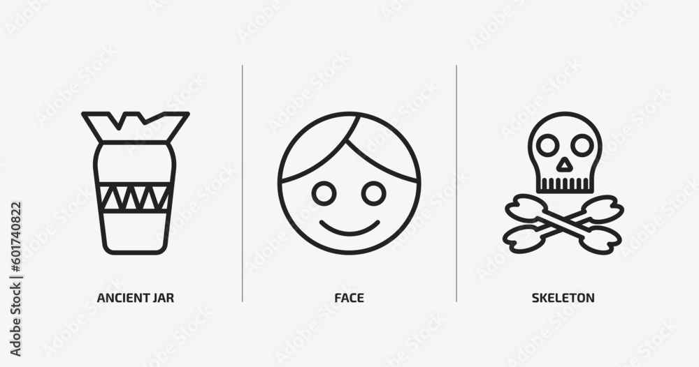 Poster history outline icons set. history icons such as ancient jar, face, skeleton vector. can be used web