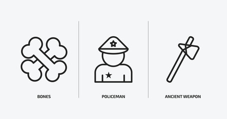 history outline icons set. history icons such as bones, policeman, ancient weapon vector. can be used web and mobile.
