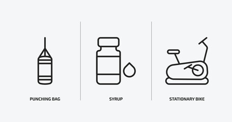 health and medical outline icons set. health and medical icons such as punching bag, syrup, stationary bike vector. can be used web and mobile.