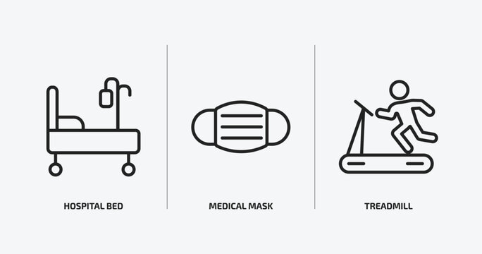 health and medical outline icons set. health and medical icons such as hospital bed, medical mask, treadmill vector. can be used web and mobile.