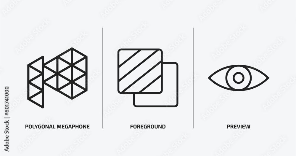 Poster geometry outline icons set. geometry icons such as polygonal megaphone, foreground, preview vector. 