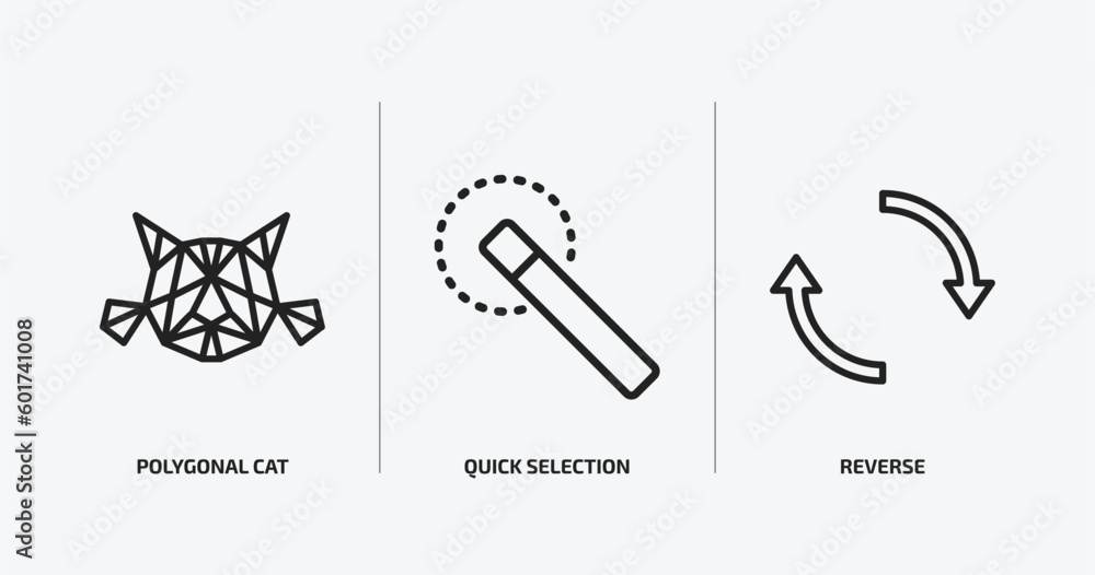 Poster geometry outline icons set. geometry icons such as polygonal cat, quick selection, reverse vector. c