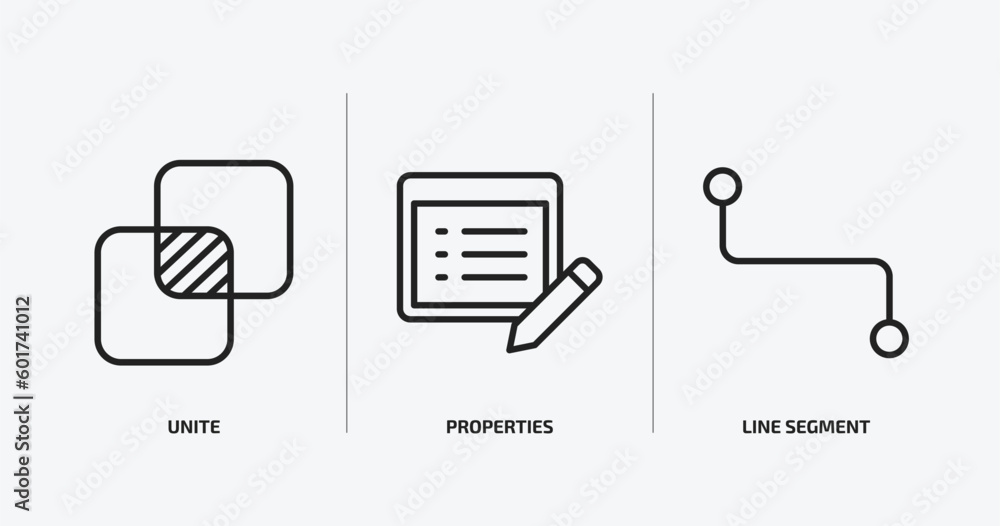Poster geometry outline icons set. geometry icons such as unite, properties, line segment vector. can be us