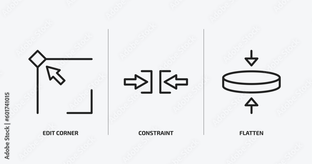 Poster geometric figure outline icons set. geometric figure icons such as edit corner, constraint, flatten 