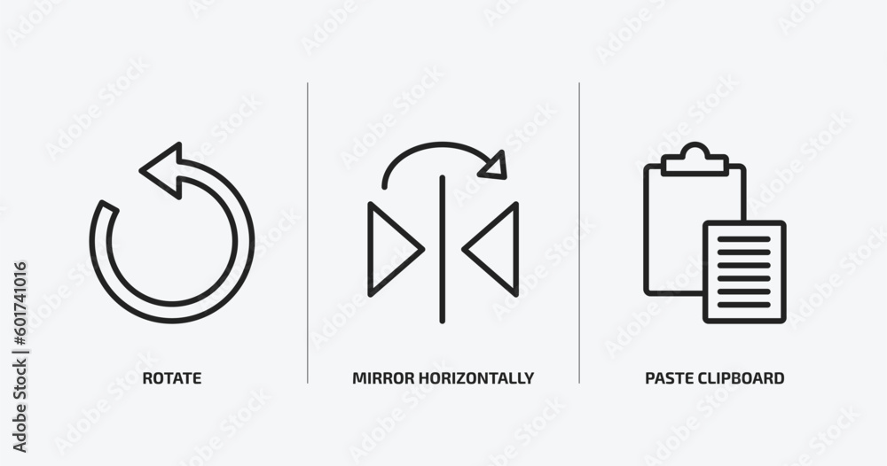Poster geometry outline icons set. geometry icons such as rotate, mirror horizontally, paste clipboard vect