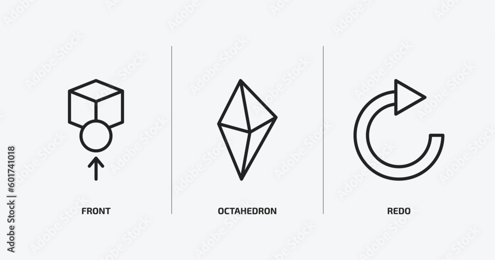 Poster geometry outline icons set. geometry icons such as front, octahedron, redo vector. can be used web a