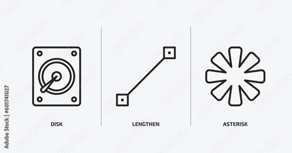 Poster geometry outline icons set. geometry icons such as disk, lengthen, asterisk vector. can be used web 