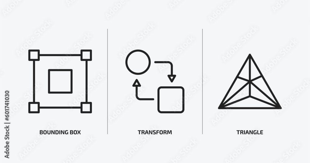 Poster geometric figure outline icons set. geometric figure icons such as bounding box, transform, triangle