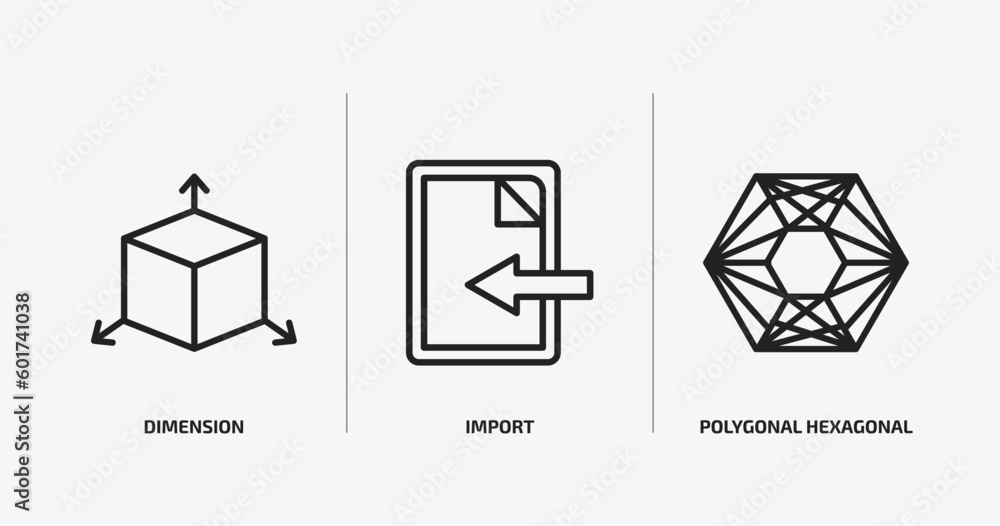 Poster geometry outline icons set. geometry icons such as dimension, import, polygonal hexagonal vector. ca