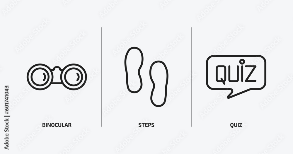 Poster general outline icons set. general icons such as binocular, steps, quiz vector. can be used web and 