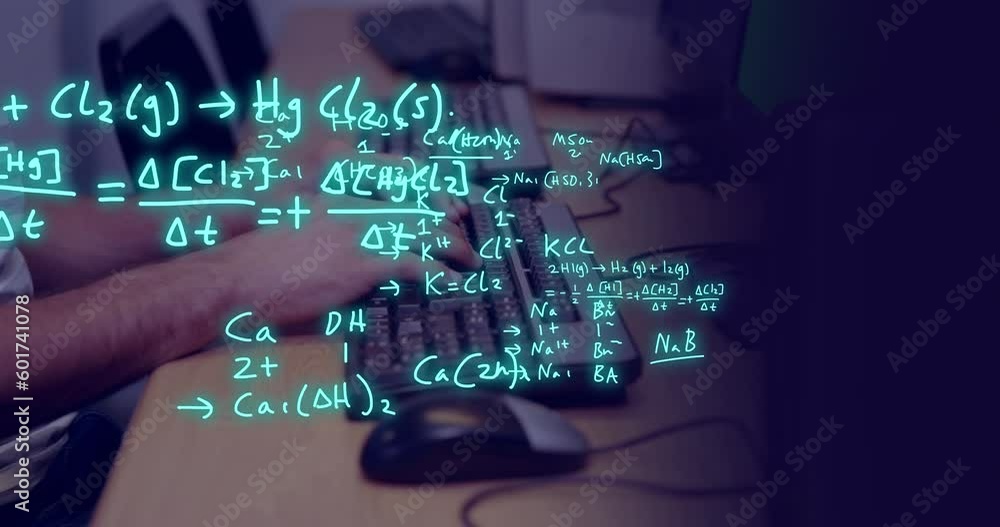 Poster animation of equations and data processing over biracial male student using computer