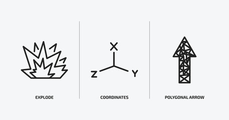 geometry outline icons set. geometry icons such as explode, coordinates, polygonal arrow up vector. can be used web and mobile.