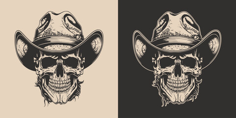 Set of vintage retro scary hipster cawboy skull in hat. Can be used like emblem, logo, badge, label. mark, poster or print. Monochrome Graphic Art. Vector. Hand drawn element in engraving