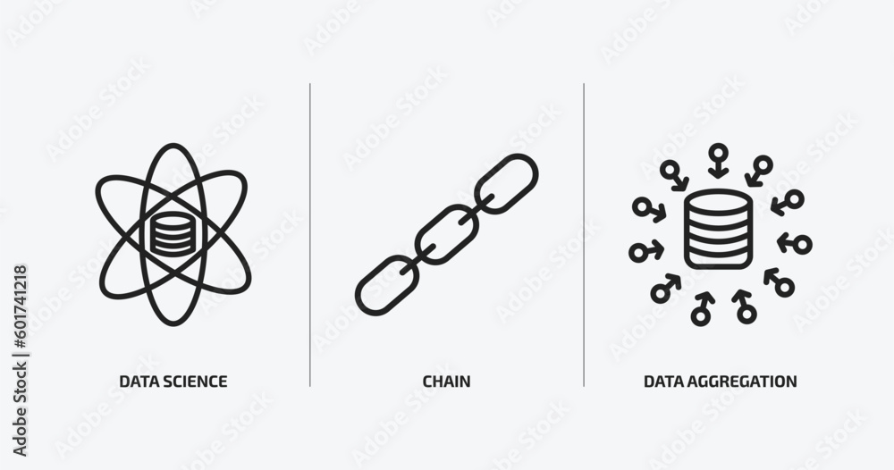 Poster general outline icons set. general icons such as data science, chain, data aggregation vector. can b