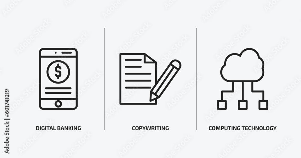 Poster general outline icons set. general icons such as digital banking, copywriting, computing technology 
