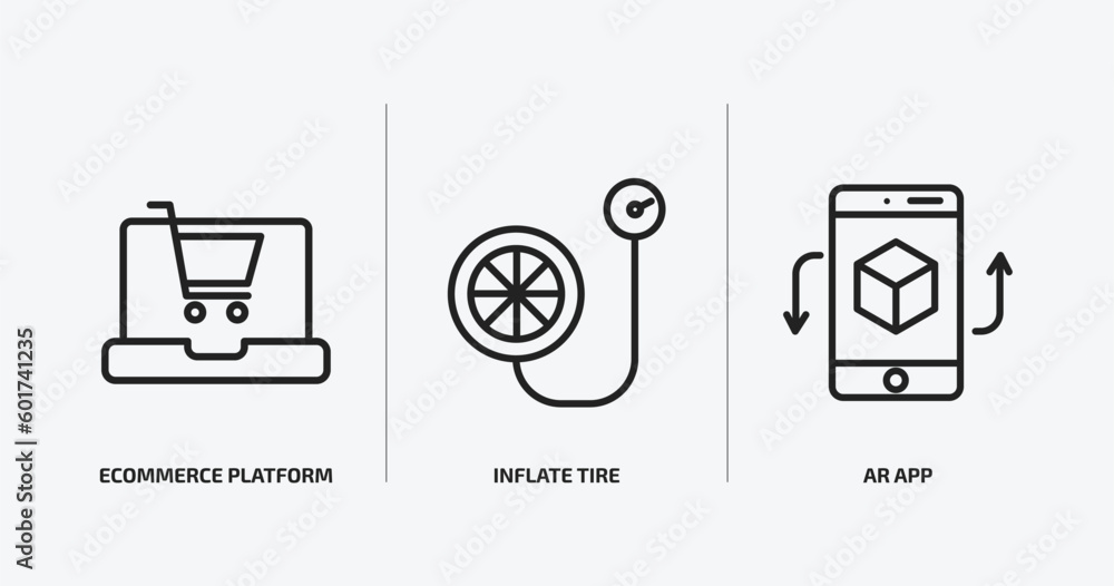 Poster general outline icons set. general icons such as ecommerce platform, inflate tire, ar app vector. ca