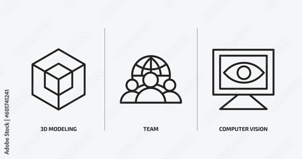 Poster general outline icons set. general icons such as 3d modeling, team, computer vision vector. can be u