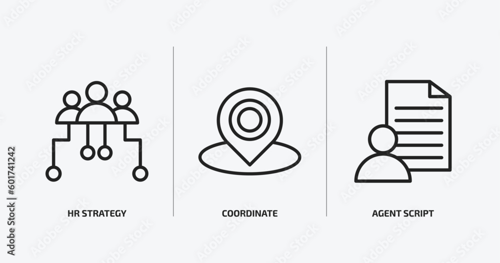 Poster general outline icons set. general icons such as hr strategy, coordinate, agent script vector. can b